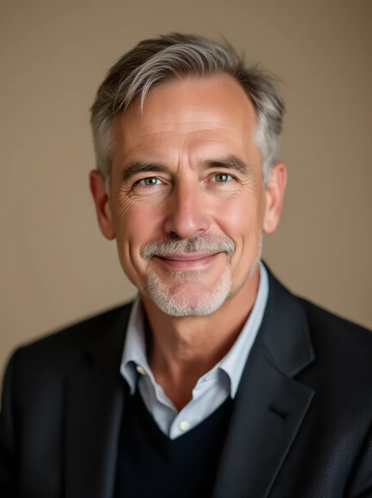 AI consultant headshot: senior advisor: composed warmth on seamless