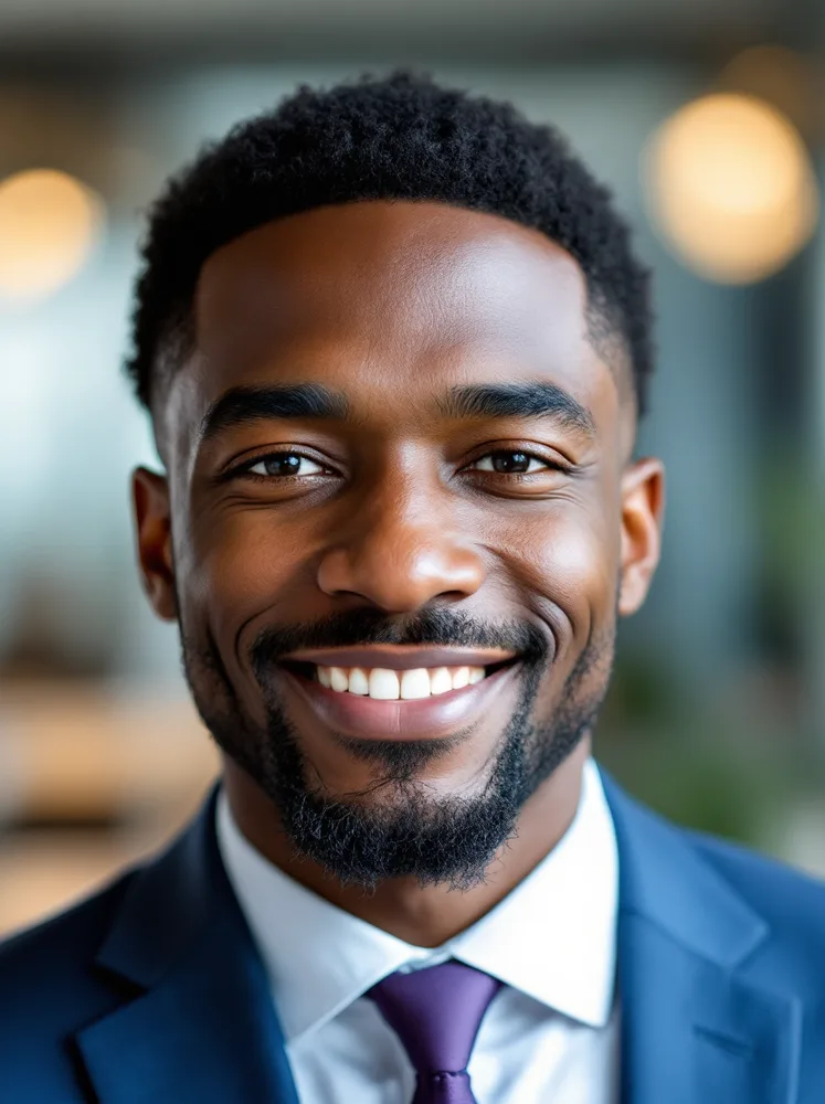 AI consultant headshot: blue suit no tie, approachable authority
