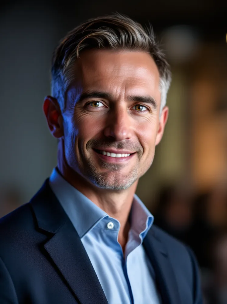 AI consultant headshot: conference backdrop for workshop marketing