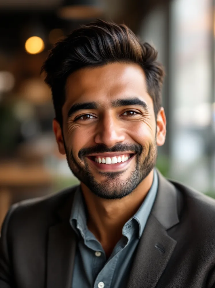 AI consultant headshot: henley and blazer, founder-facing consultant