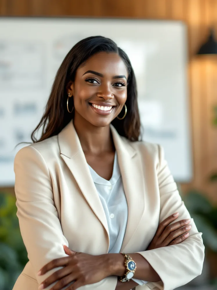 AI consultant headshot: whiteboard behind: expertise as a background