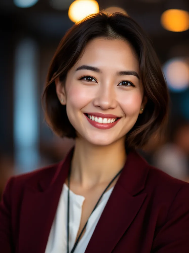 AI consultant headshot: stage lights blurred: the speaker-bio photo