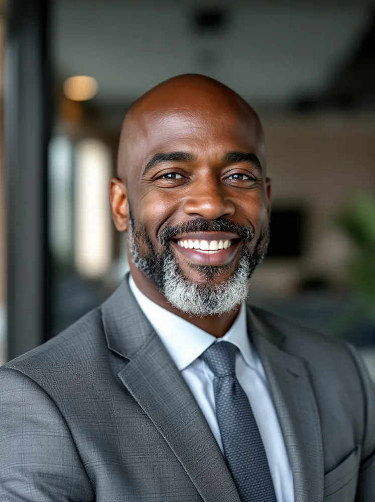 AI corporate headshot: office family backdrop, framing matched to the set
