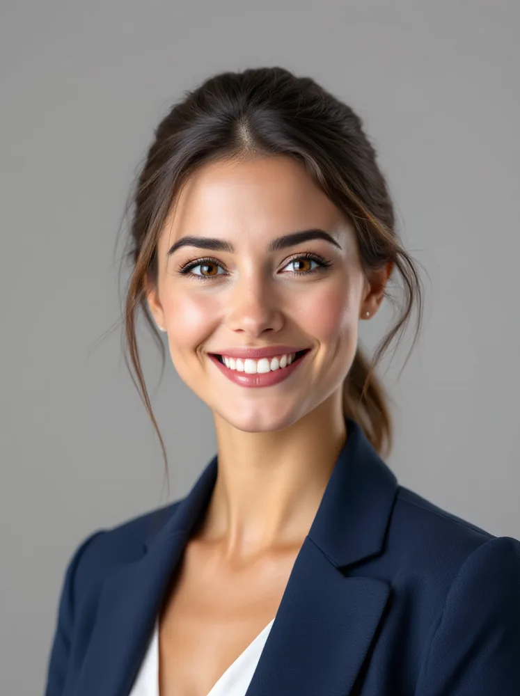 AI corporate headshot: grey seamless, standard corporate crop
