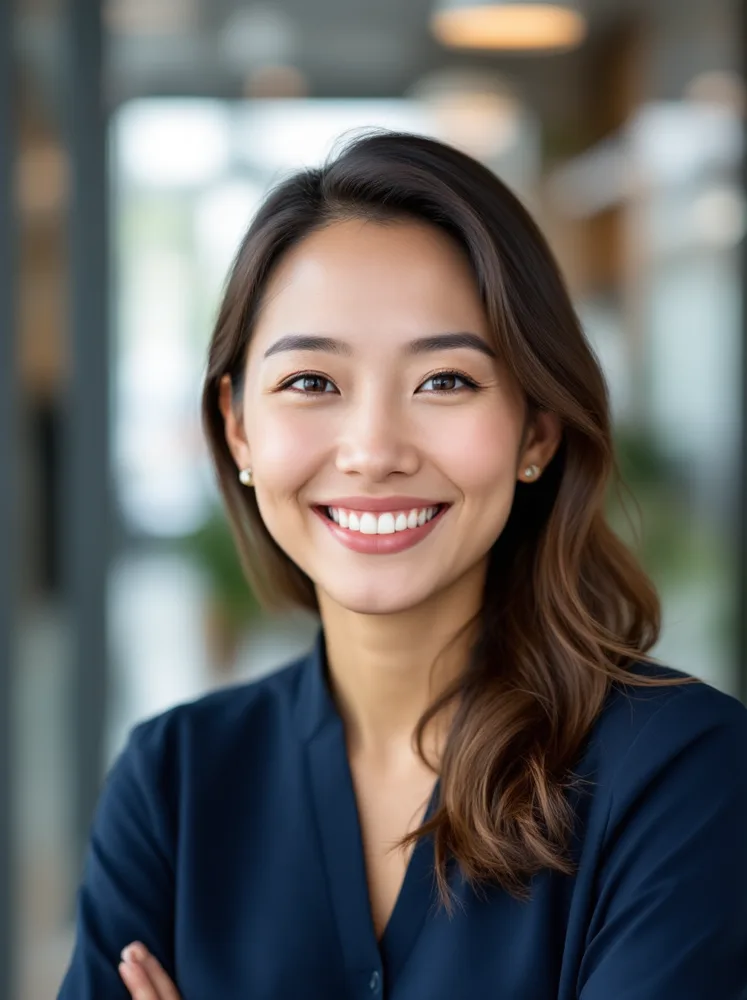 AI corporate headshot: the office variant, same crop and light rules applied