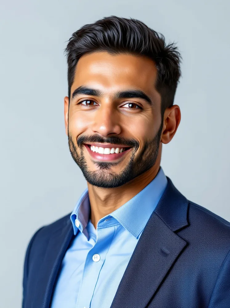 AI CV photo: blue shirt on light grey: friendly and still formal