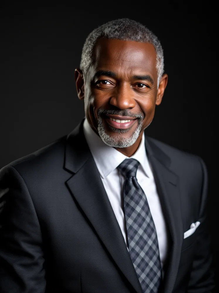 executive headshot example, dark studio backdrop