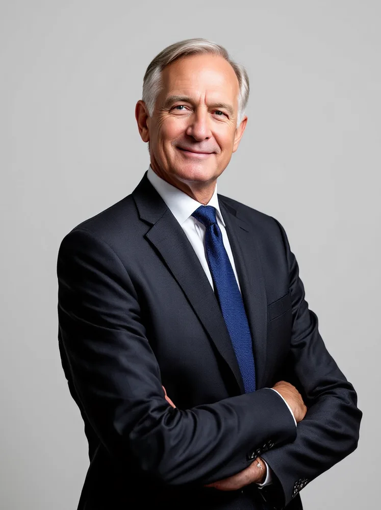 AI executive headshot: chairman register: experience photographed plainly