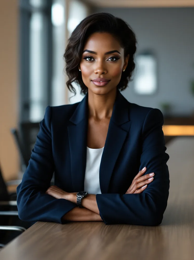 AI executive headshot: boardroom blur, power suit