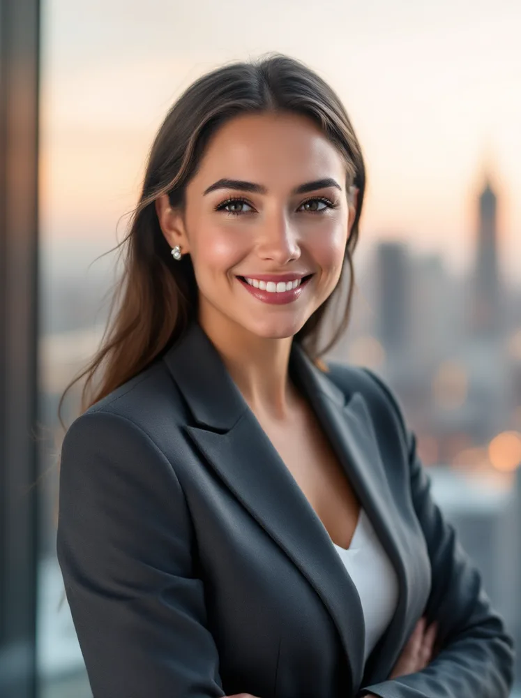 AI executive headshot: skyline at dusk, young-executive variant
