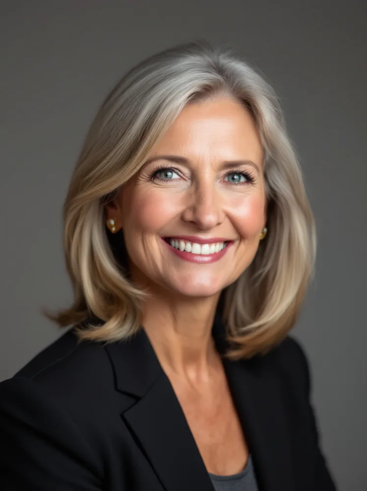 AI executive headshot: warm grey studio: the board-page neutral