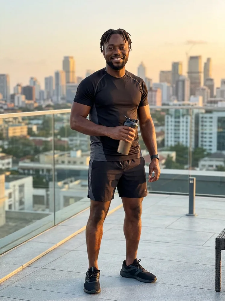 Example fitness influencer photo, rooftop athleisure at golden hour