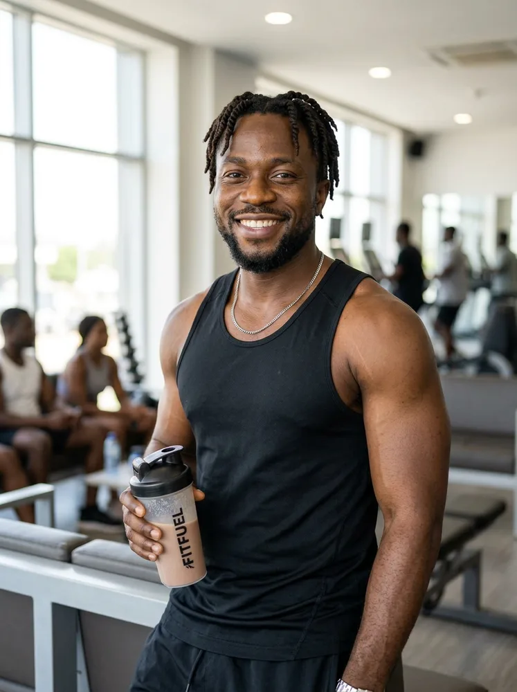 Example fitness influencer photo, gym lounge with a shaker