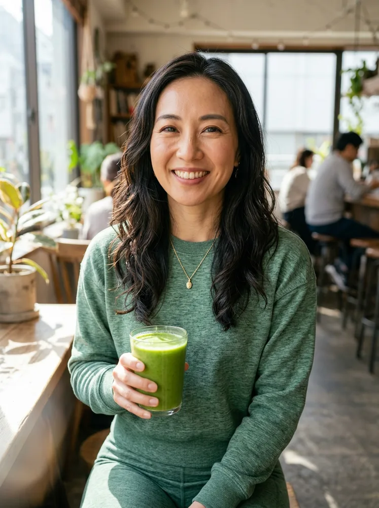 Example fitness influencer photo, cafe with a green smoothie