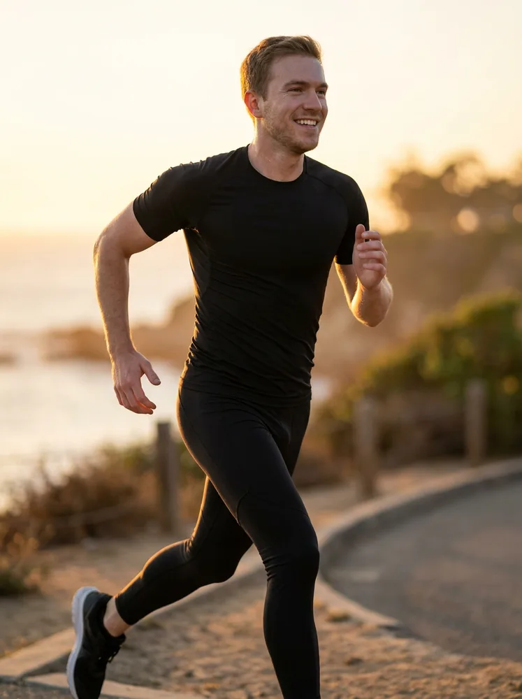 AI fitness influencer photo example, running outdoors at golden hour