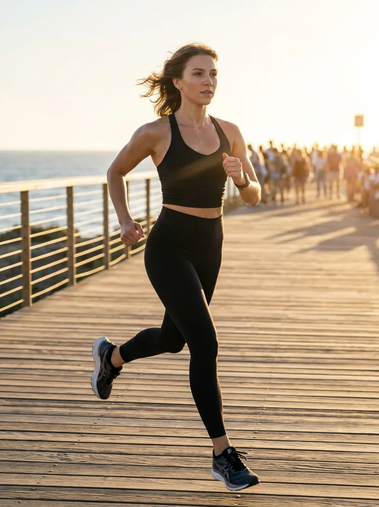 AI fitness influencer photo, running on a scenic boardwalk