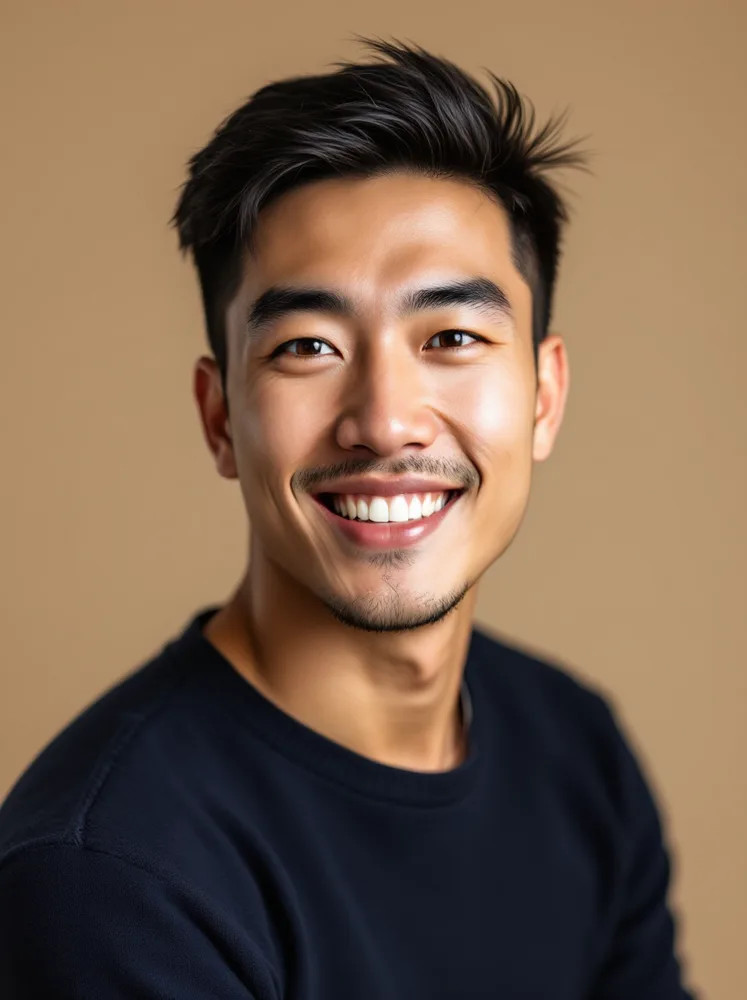 AI LinkedIn headshot: sweater on beige: tech-profile register