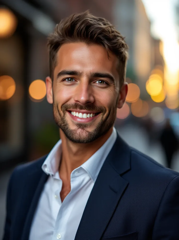 linkedin headshot example, city street bokeh
