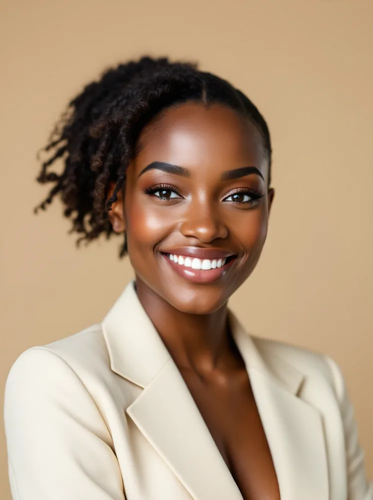 AI LinkedIn headshot: beige backdrop, high face-to-frame ratio