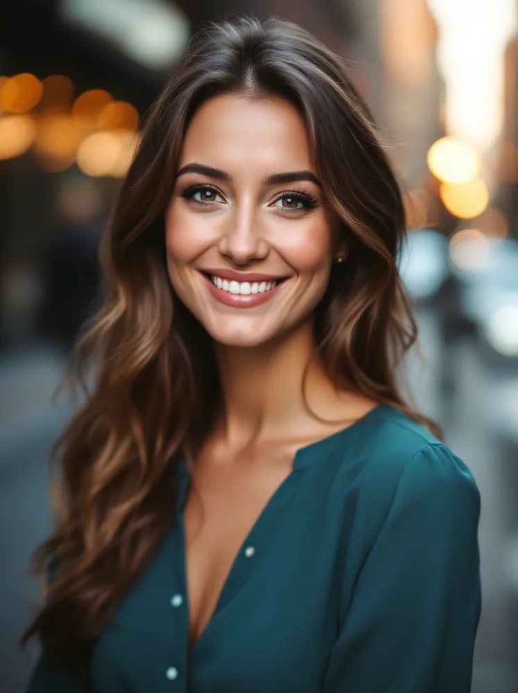 linkedin headshot example, golden hour street, woman
