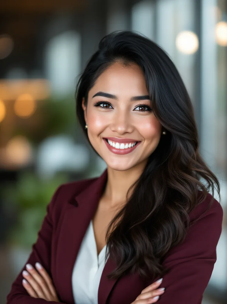 AI LinkedIn headshot: office strongly blurred so the circle stays clean