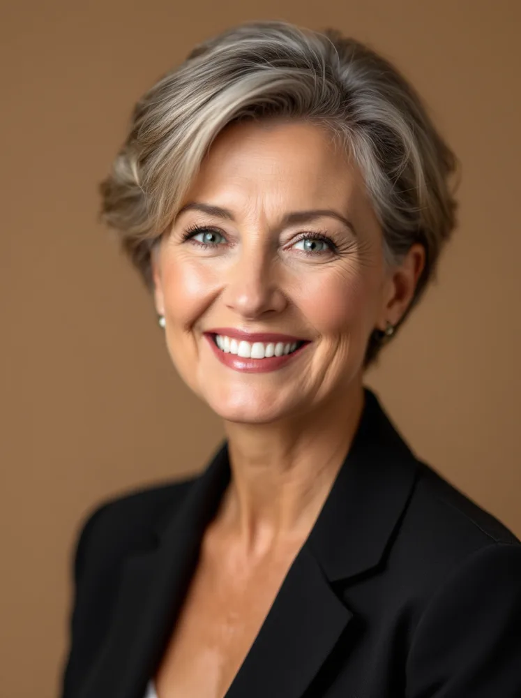 AI LinkedIn headshot: warm studio neutral, composed smile