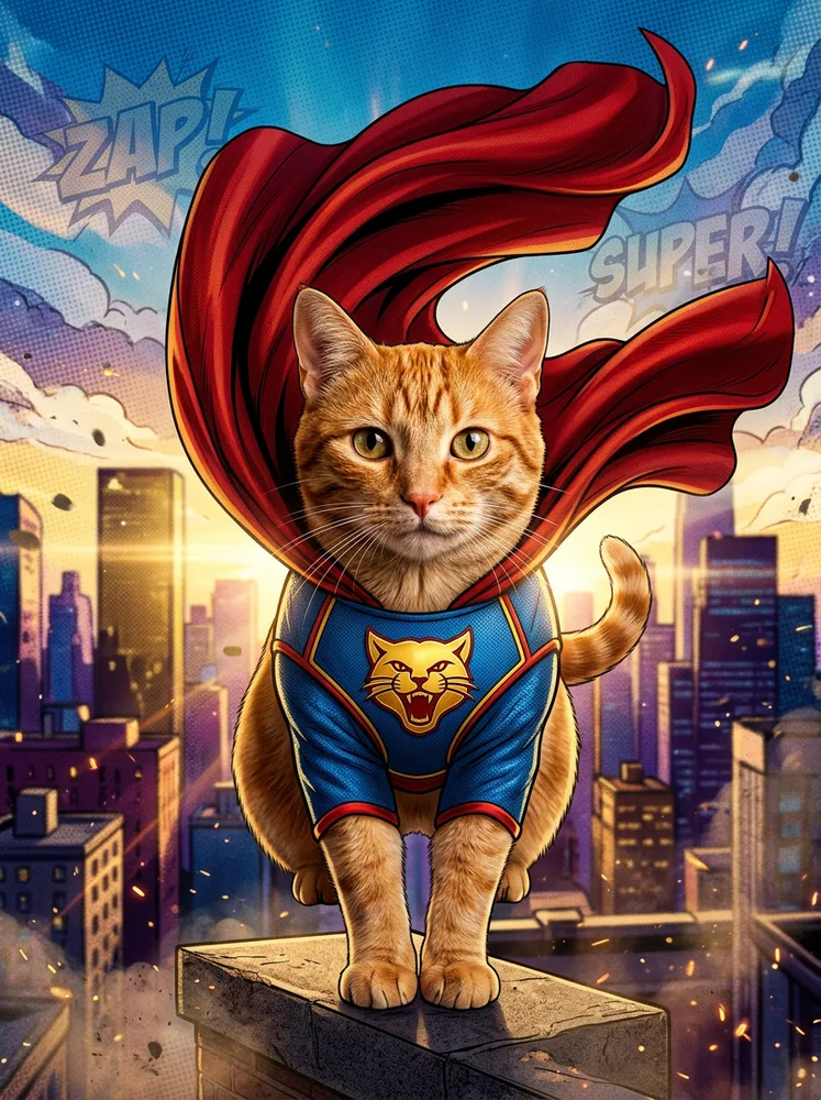 AI cat portrait example, superhero portrait