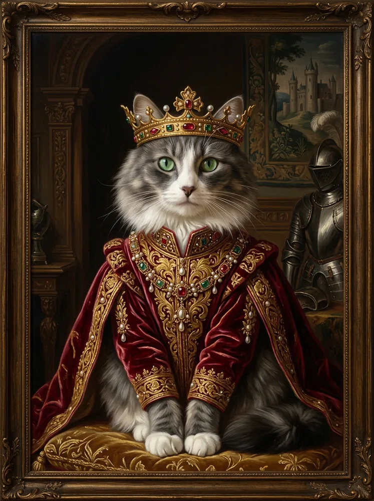 AI cat portrait example, royal renaissance portrait