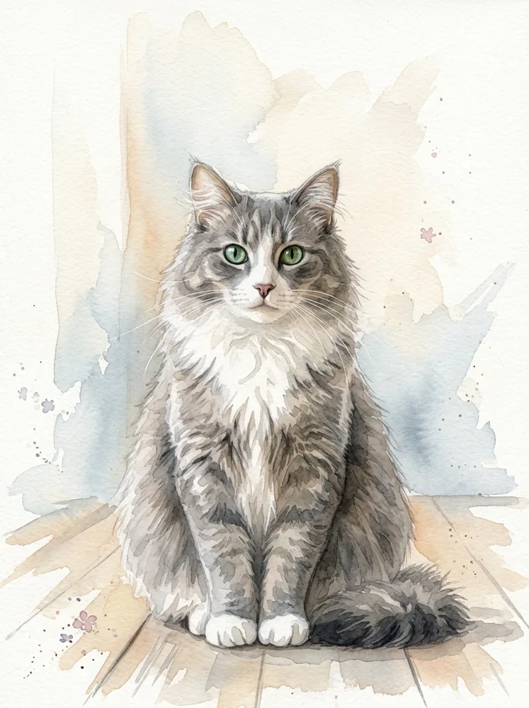AI cat portrait example, watercolor portrait