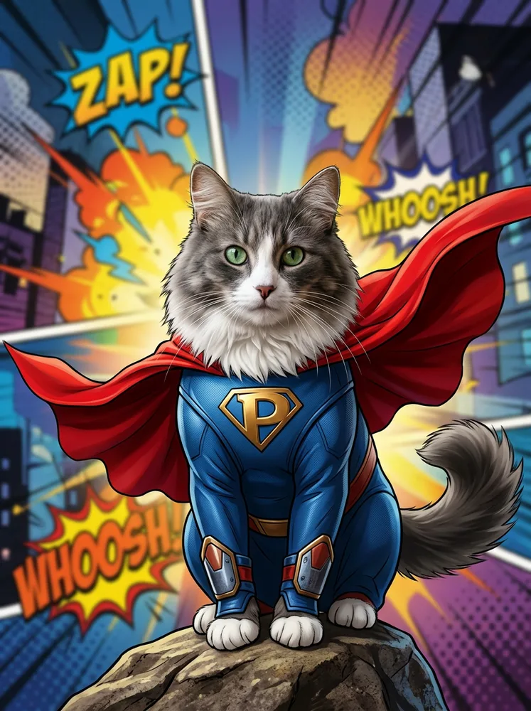 Example cat portrait, superhero portrait