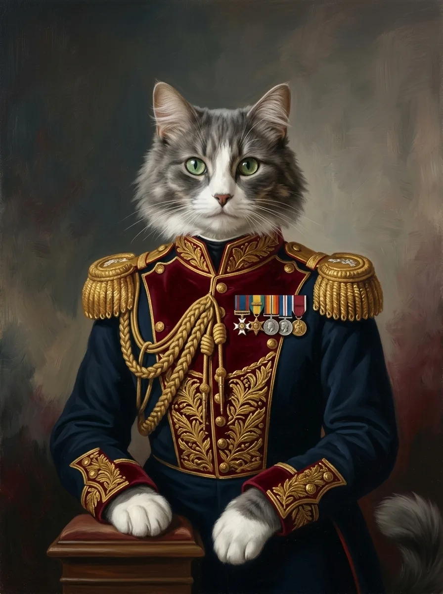 Ginger cat as a pet military portrait
