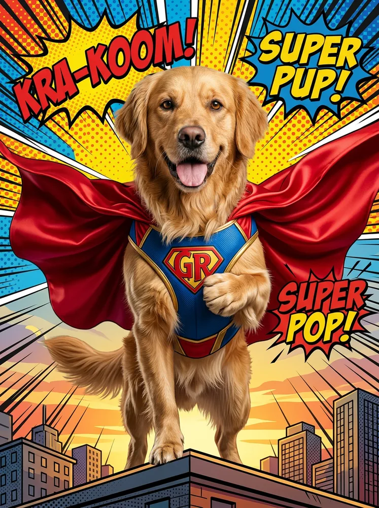 Example pet portrait, superhero dog portrait