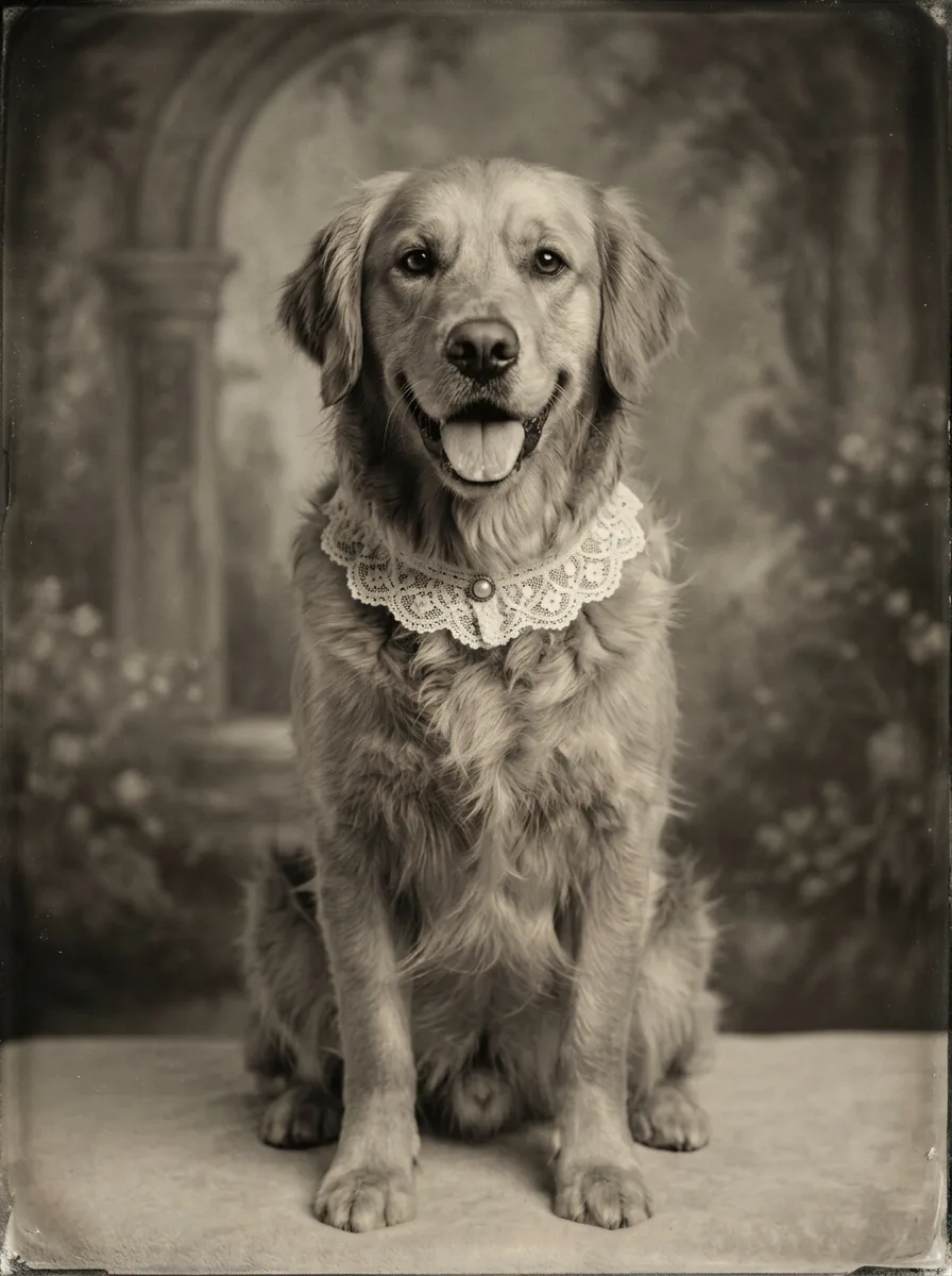 Golden retriever as a victorian pet portrait