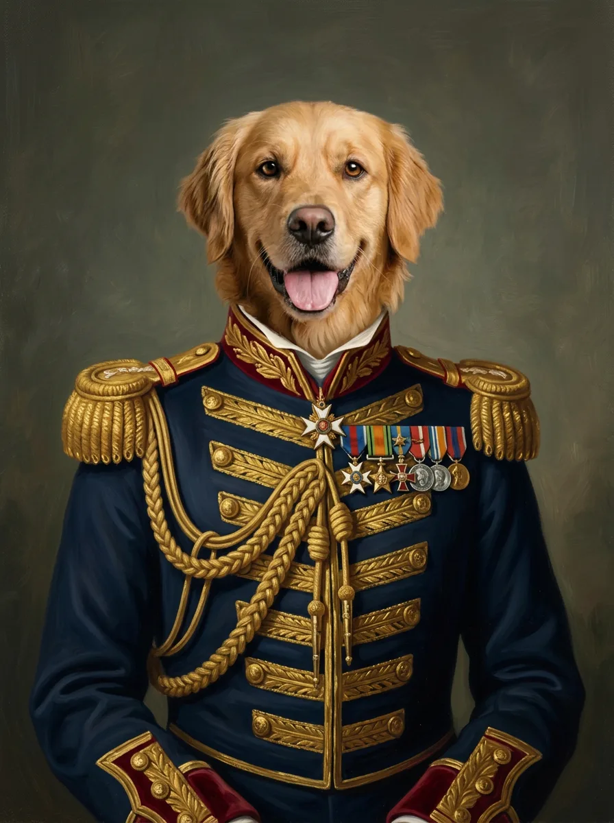 Golden retriever as a pet military portrait