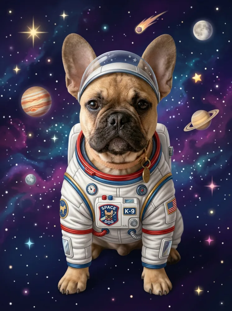 Example pet portrait, astronaut dog portrait