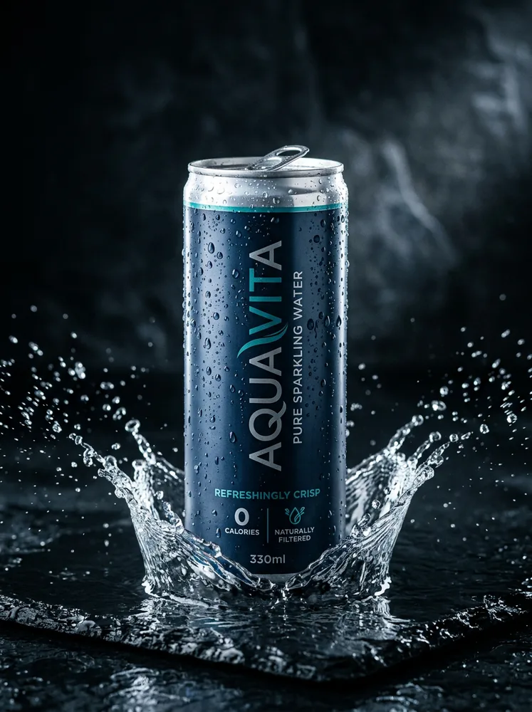 Example ecommerce product photo, beverage can with a water splash