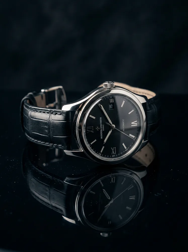 AI ecommerce product photo, watch on a reflective surface