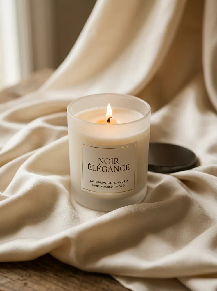 Example ecommerce product photo, candle on draped silk