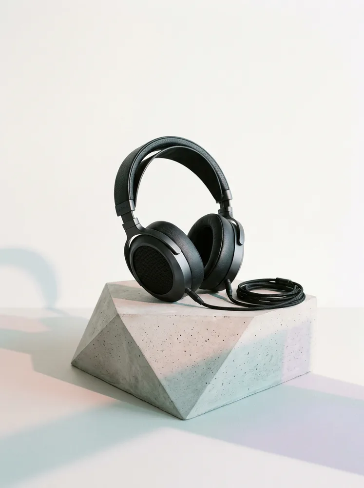 AI ecommerce product photo, headphones on a podium