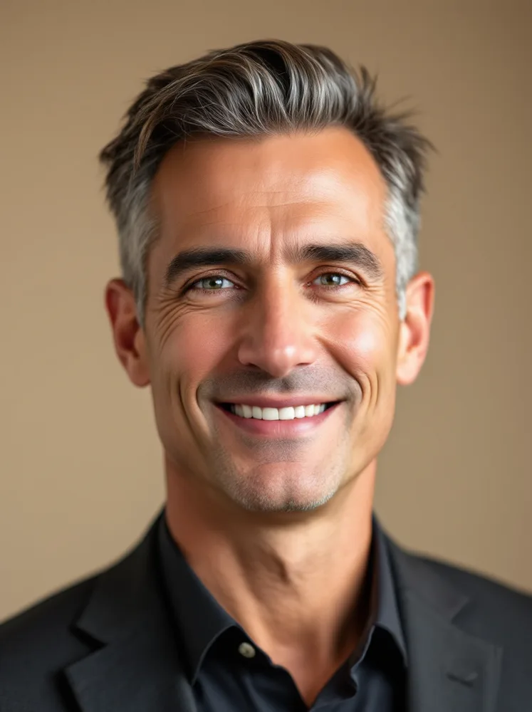 AI professional headshot: beige studio, a degree warmer than grey