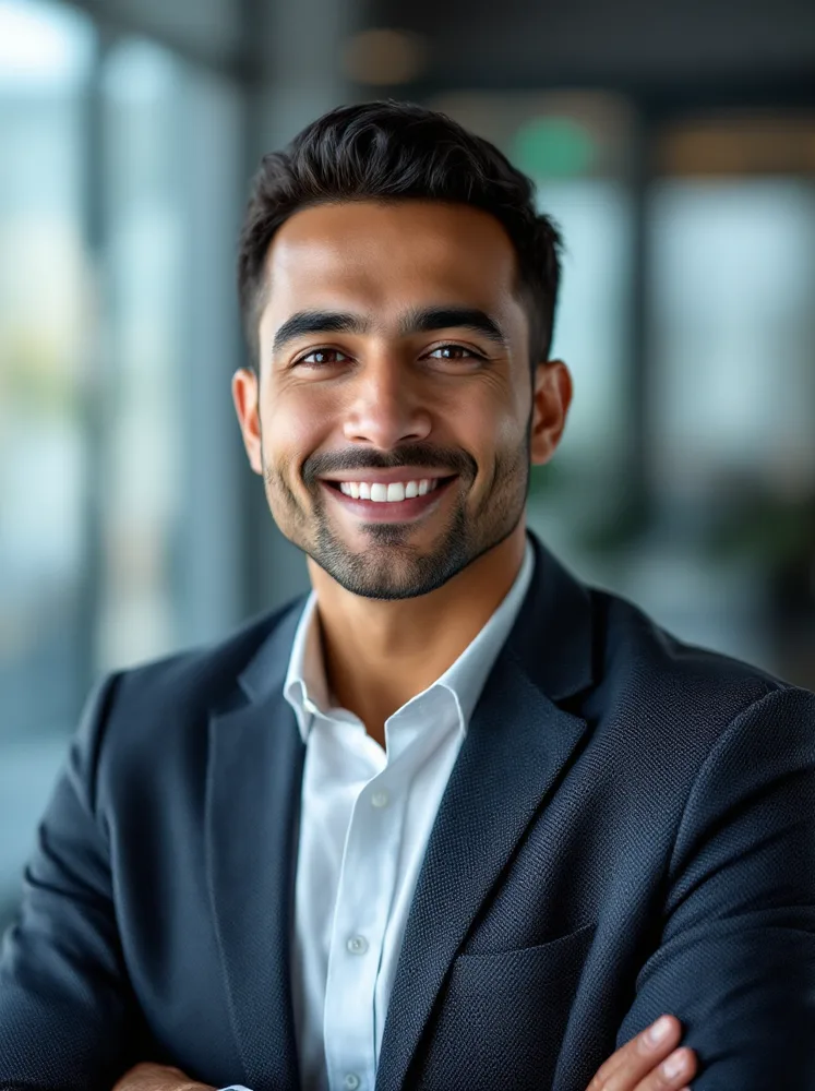 AI professional headshot: glass office, smart casual