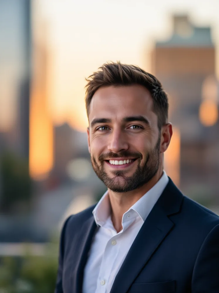 AI professional headshot: rooftop golden hour, the founder look