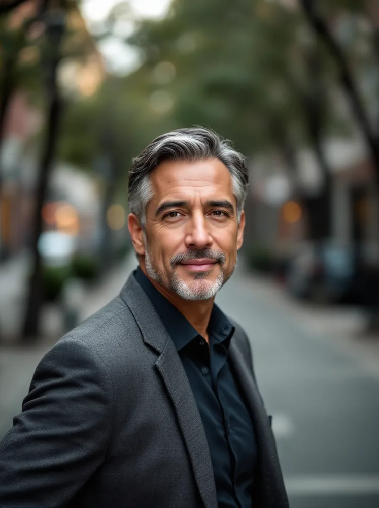 AI professional headshot: tree-lined street, soft light, approachable