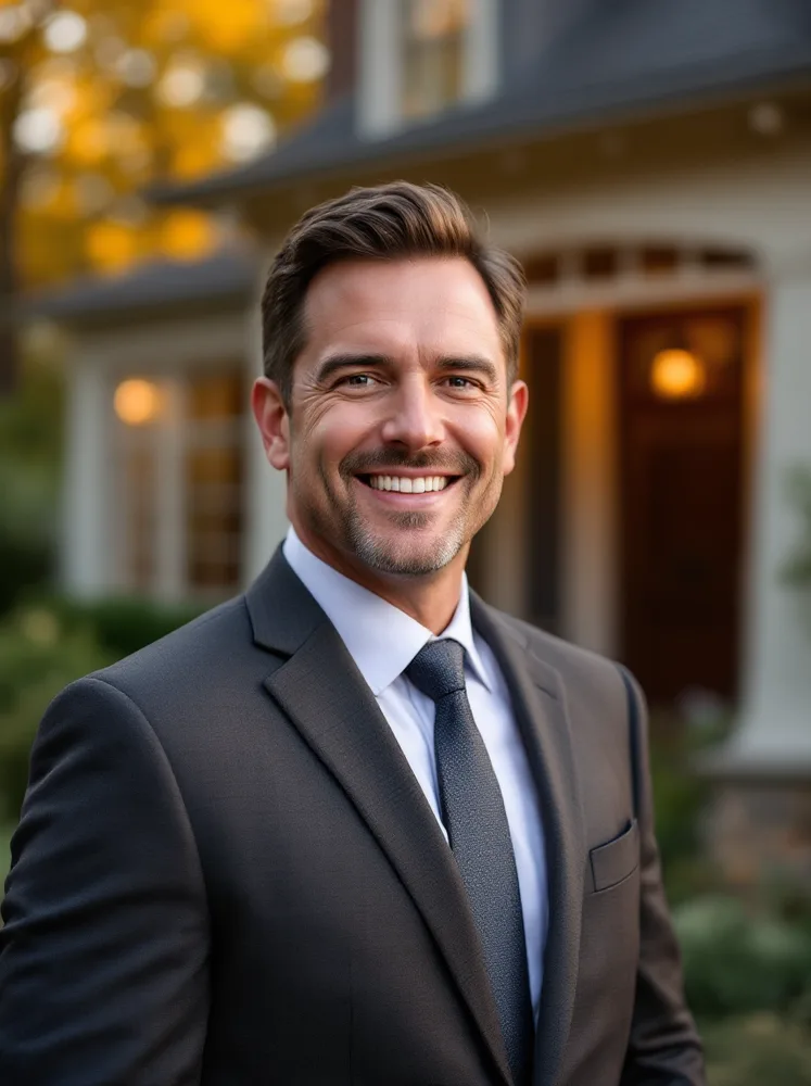 realtor headshot example, in front of a listing at golden hour