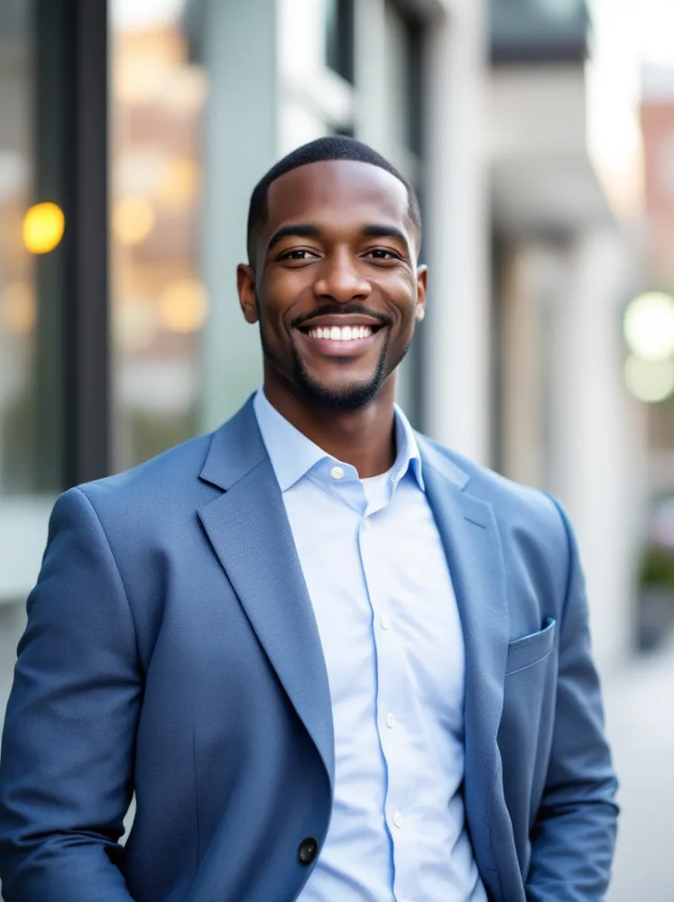 AI realtor headshot: agent headshot outside a modern condo building