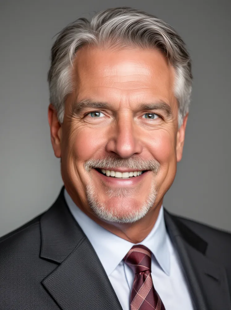 AI realtor headshot: formal broker headshot on a grey studio backdrop