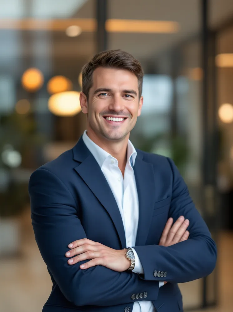 AI realtor headshot: agent headshot in a glass office lobby