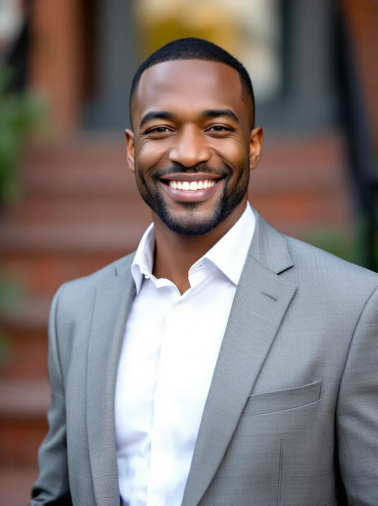 realtor headshot example, brick townhouse steps