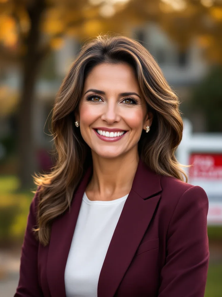 realtor headshot example, yard sign blurred behind