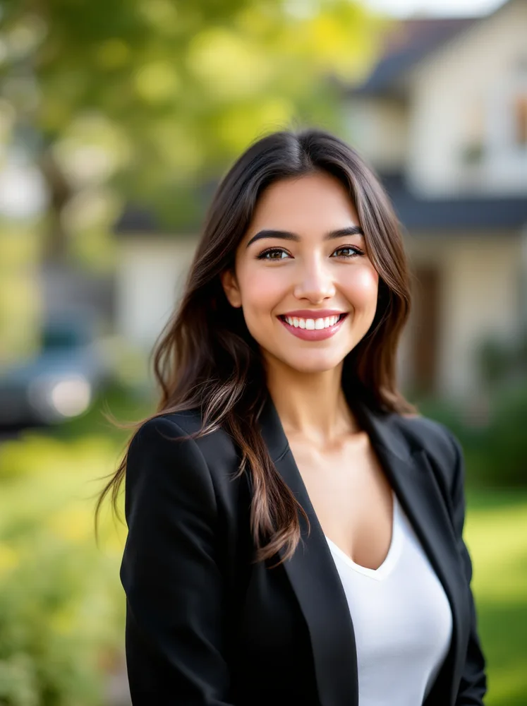 AI realtor headshot: sunlit headshot in the garden of a family home